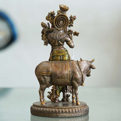 Veronese Design Krishna Playing Flute with Cow Statue