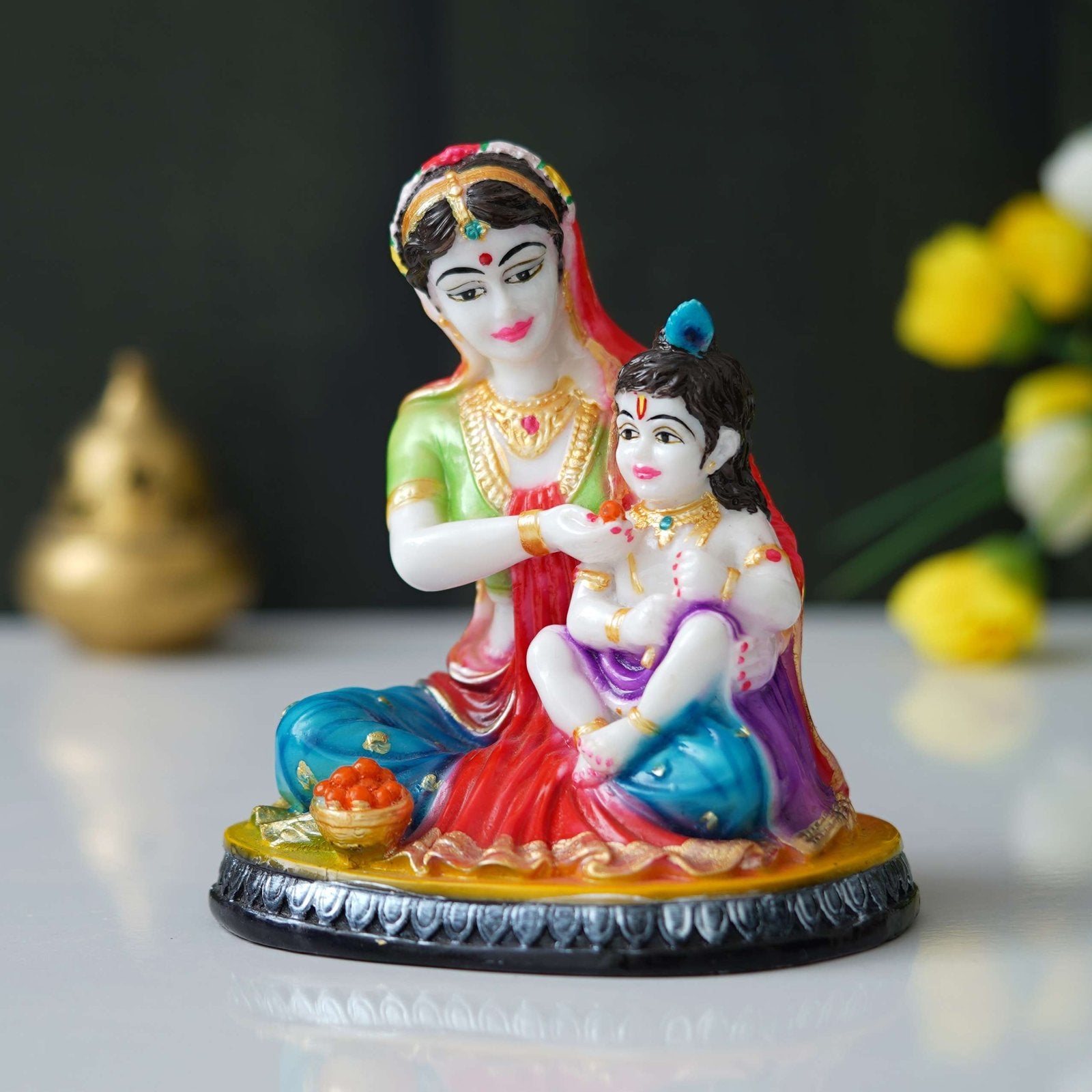 Hand-Painted Marble Yashoda and Krishna Statue (9 inches)