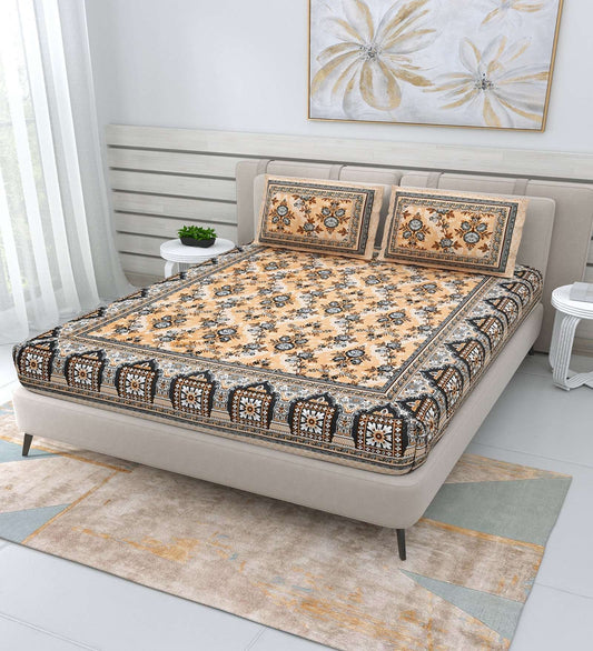 100% Pure Cotton Traditional Printed Bedsheet for Double Bed King Size Bedsheet with 2 Pillow Covers