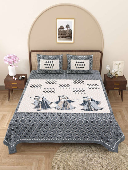 100% Pure Cotton Traditional Printed Bedsheet for Double Bed King Size Bedsheet with 2 Pillow Covers