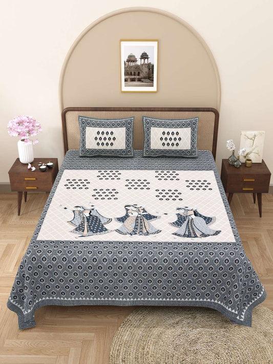 100% Pure Cotton Traditional Printed Bedsheet for Double Bed King Size Bedsheet with 2 Pillow Covers