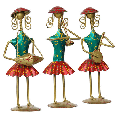 Set of 3 Antique Metal Decorative Tribal Musician Dolls Playing Musical Instrument Handicraft Item for Diwali Gifts | Home & office Decoration