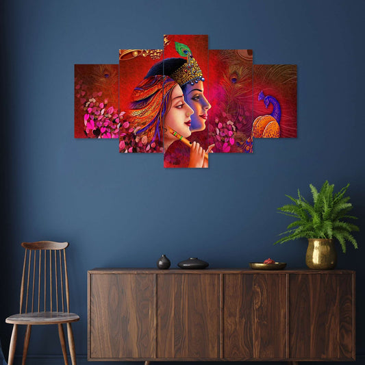 Radhe Krishna Set of Five 3D Framed Paintings for Wall Decoration – Ideal for Home, Living Room, and Bedroom (125 x 60 CM)