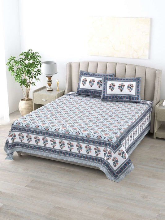 100% Pure Cotton Traditional Printed Bedsheet for Double Bed King Size Bedsheet with 2 Pillow Covers