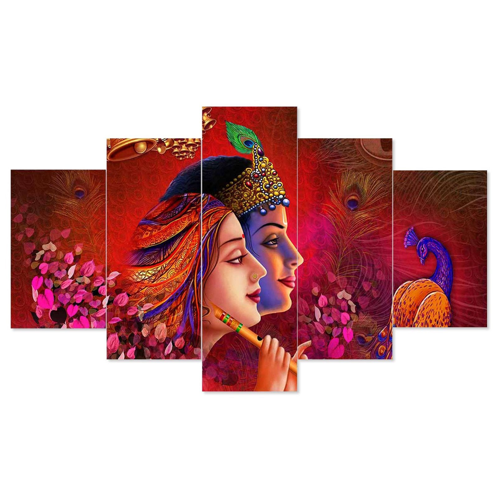 Radhe Krishna Set of Five 3D Framed Paintings for Wall Decoration – Ideal for Home, Living Room, and Bedroom (125 x 60 CM)