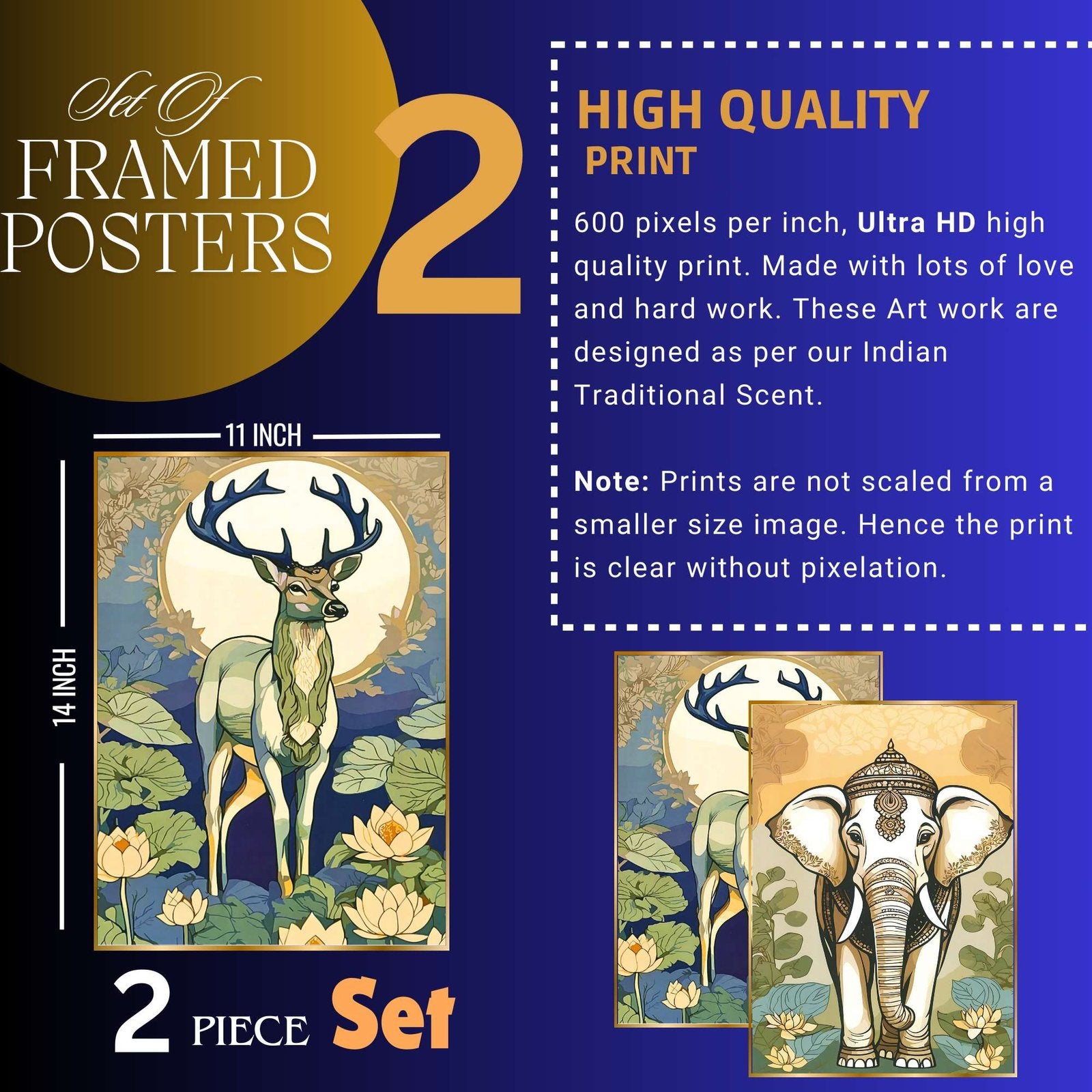 Set of Two Wall Paintings for Wall Dacoration Golden Framed Wall Paintings for Living Room & Bedroom Wall Art for Home Decoration & Office Wall Décor (14×11 inch CH-GD2-14)
