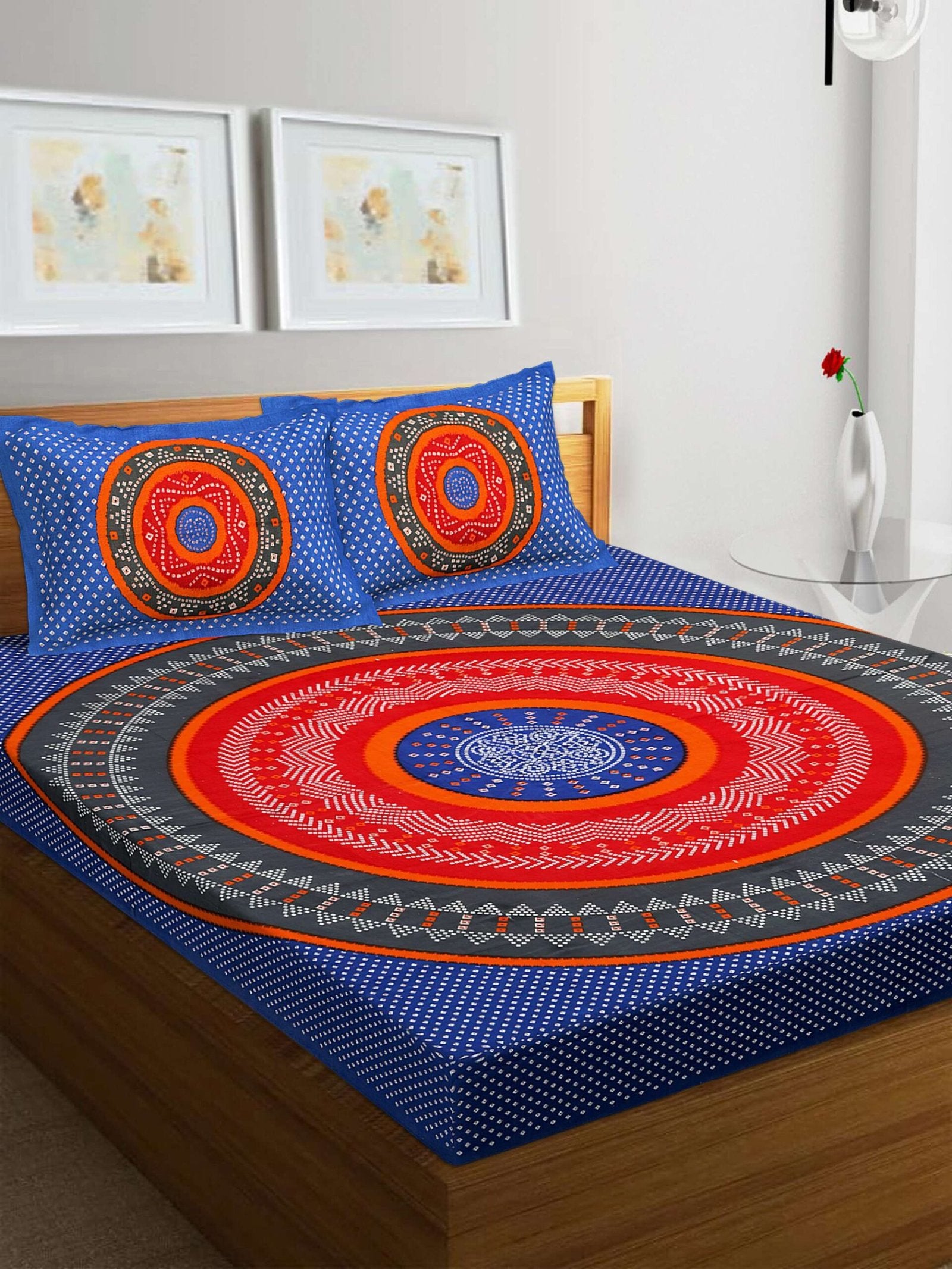 100% Pure Cotton Traditional Printed Bedsheet for Double Bed King Size Bedsheet with 2 Pillow Covers