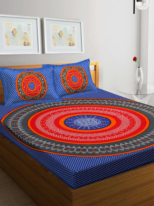 100% Pure Cotton Traditional Printed Bedsheet for Double Bed King Size Bedsheet with 2 Pillow Covers