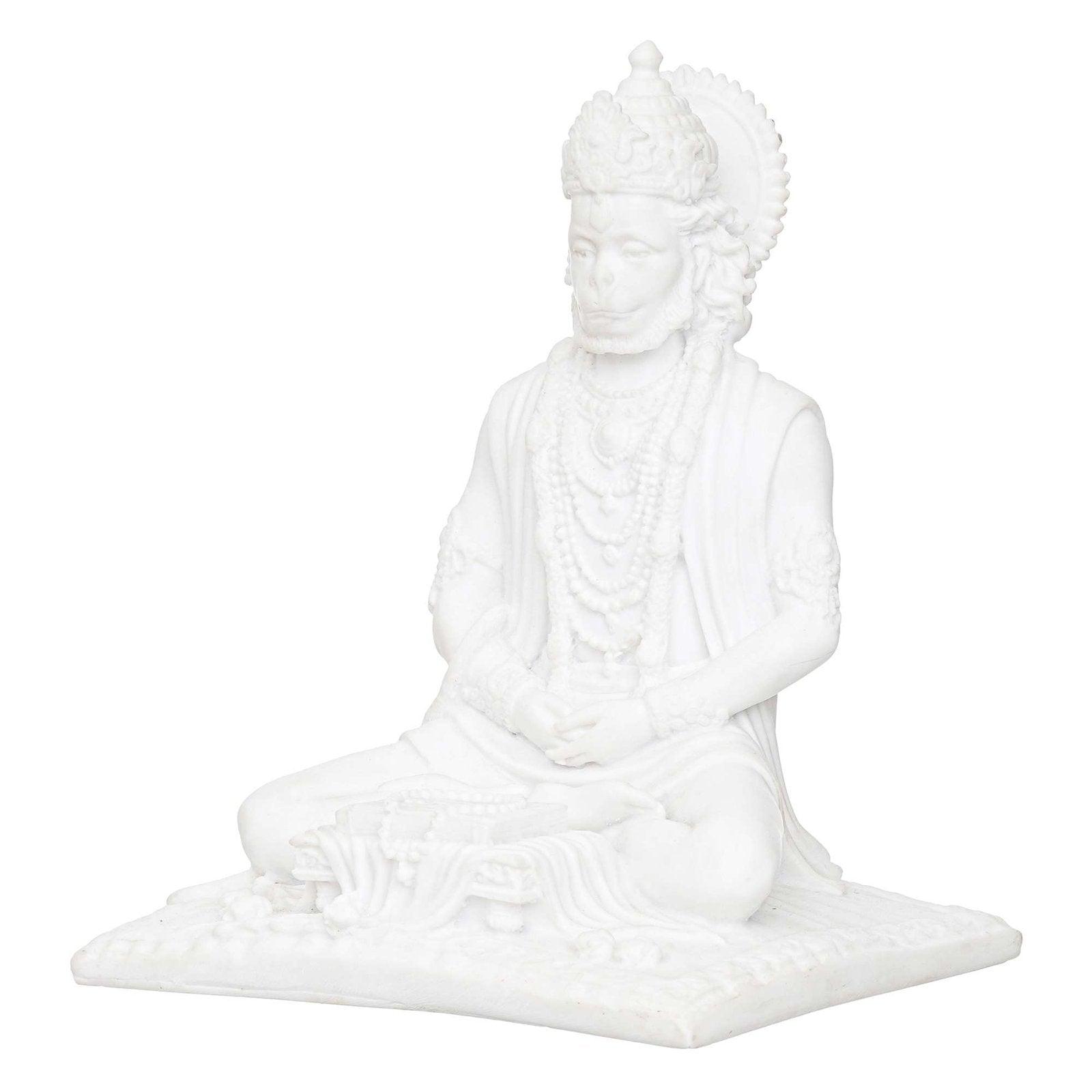 White Marble Lord Hanuman Sitting Statue with gada & Reading Book Decorative Showpiece