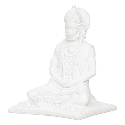 White Marble Lord Hanuman Sitting Statue with gada & Reading Book Decorative Showpiece