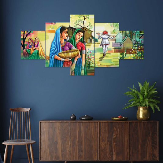 Rajsthani Set of Five 3D Framed Paintings for Wall Decoration – Ideal for Home, Living Room, and Bedroom (75 x 43 CM)