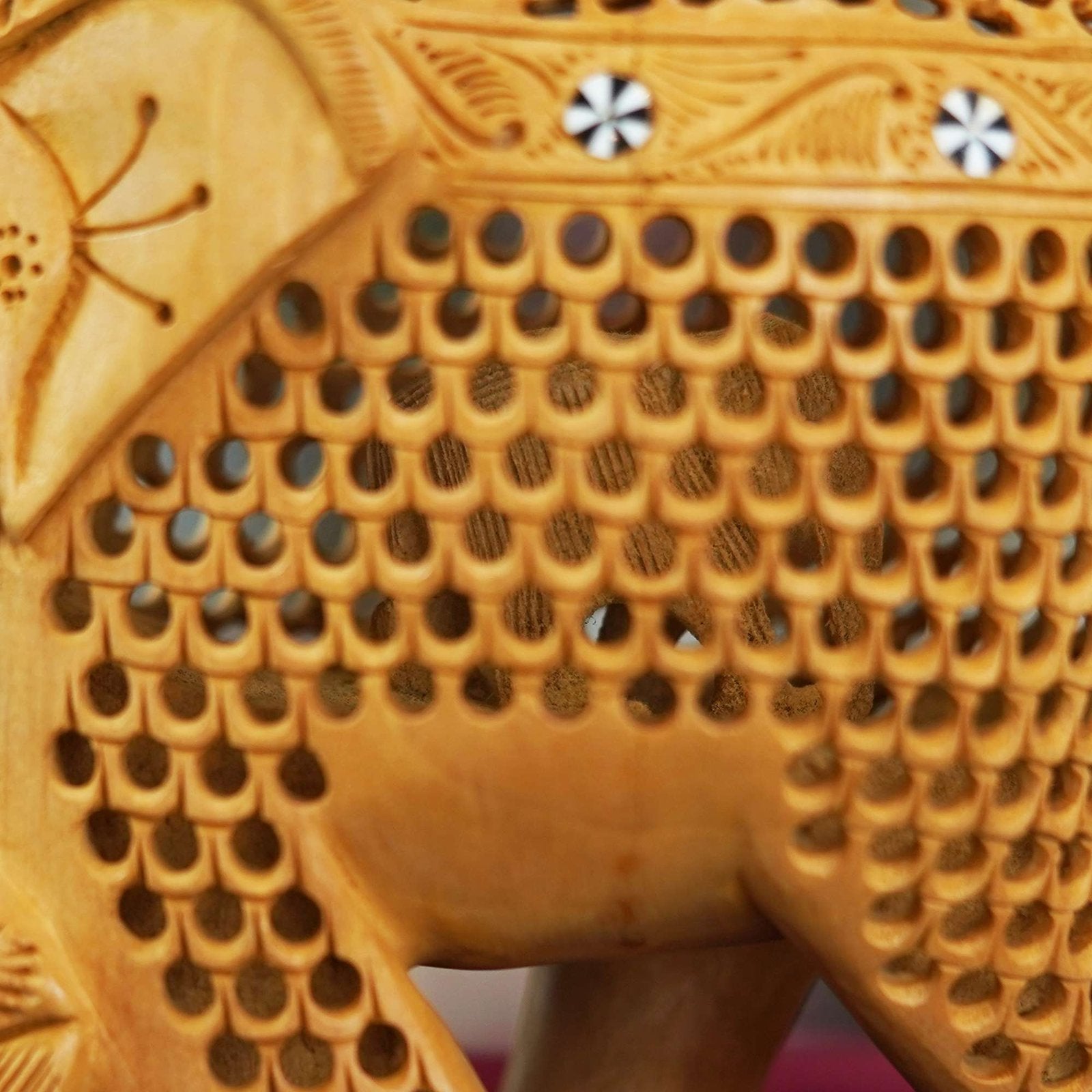 Wood Carving Undercut Jali Work Elephant Statue Beautiful Decorative Showpiece Figurine for Home Decor & Gift Purpose