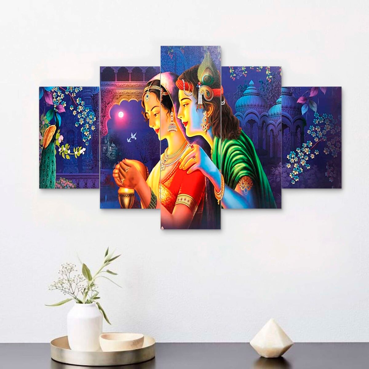 Radhe Krishna Set of Five 3D Framed Paintings for Wall Decoration – Ideal for Home, Living Room, and Bedroom (125 x 60 CM)