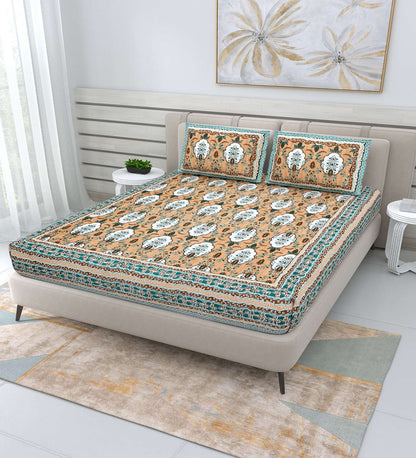 100% Pure Cotton Traditional Printed Bedsheet for Double Bed King Size Bedsheet with 2 Pillow Covers