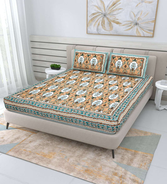 100% Pure Cotton Traditional Printed Bedsheet for Double Bed King Size Bedsheet with 2 Pillow Covers