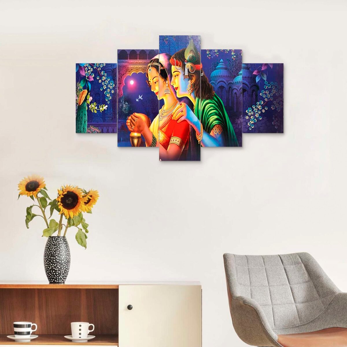 Radhe Krishna Set of Five 3D Framed Paintings for Wall Decoration – Ideal for Home, Living Room, and Bedroom (125 x 60 CM)