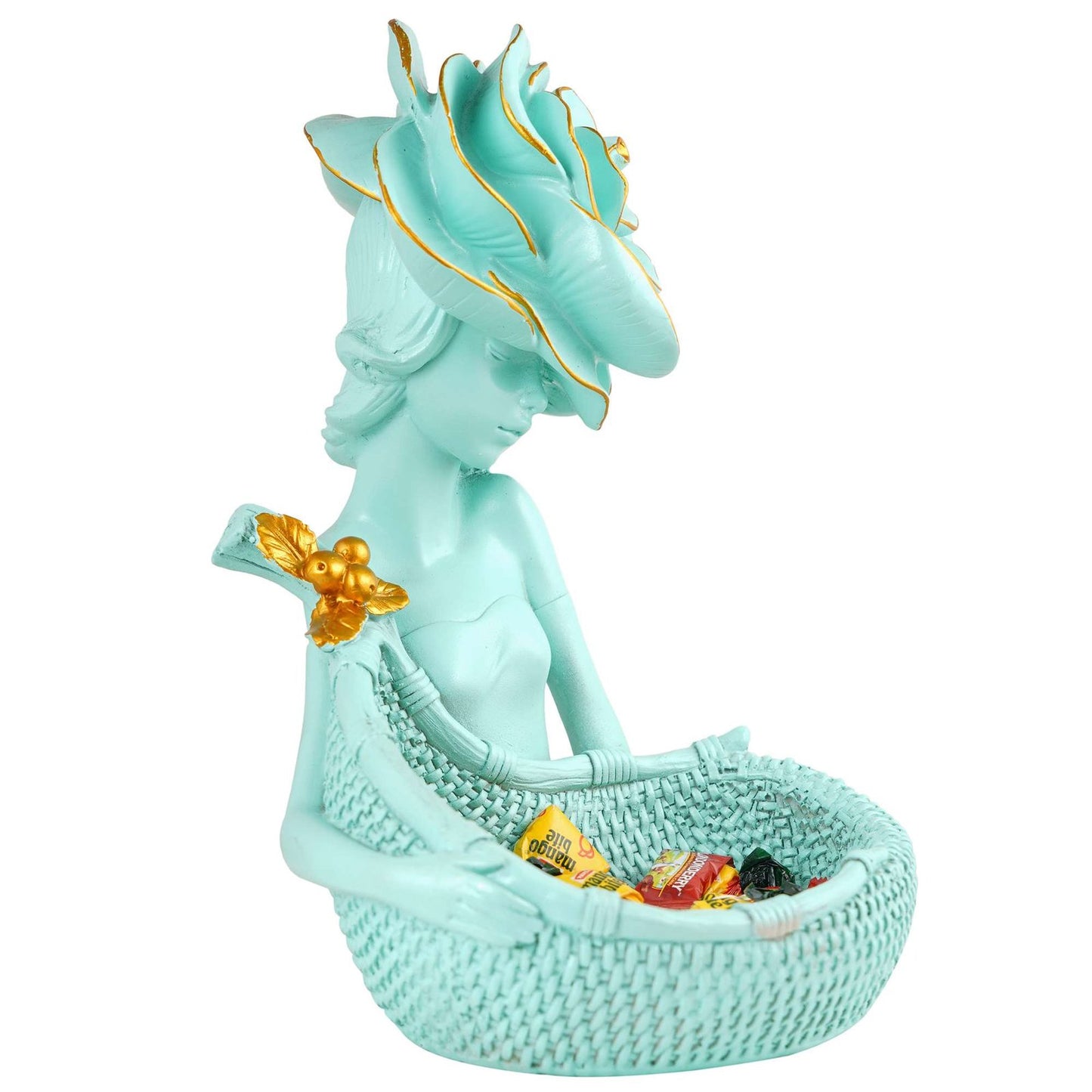 LADY with Basket Showpiece for Home Decor light green Showpiece | Girl Basket Showpiece & Office Decor Showpiece