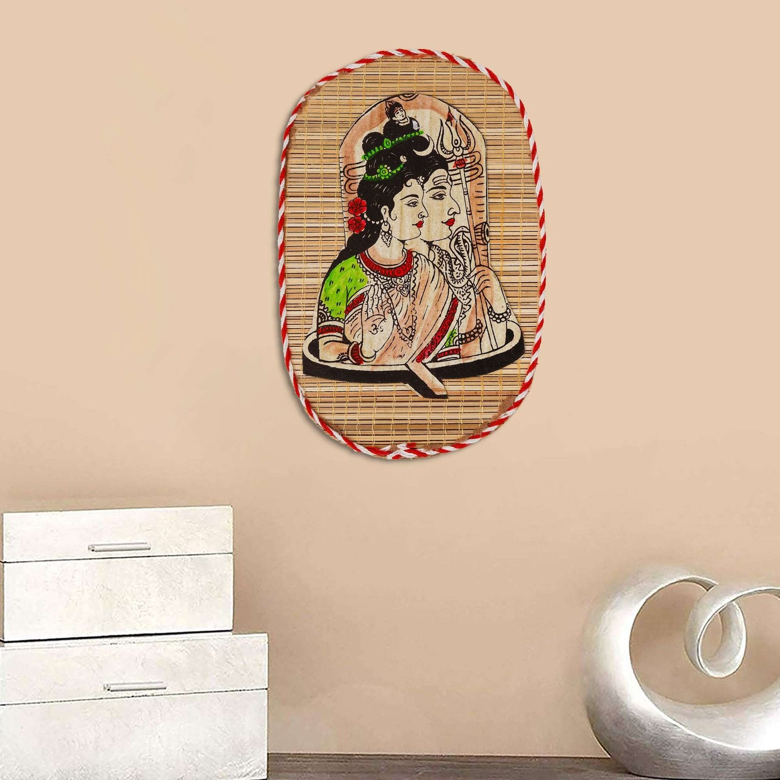 Oval Shaped Design Bamboo Hand Crafted Wall Hangings Of Shiv Sakti For Home D?cor
