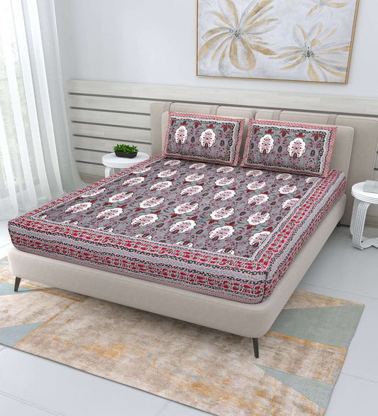 100% Pure Cotton Traditional Printed Bedsheet for Double Bed King Size Bedsheet with 2 Pillow Covers