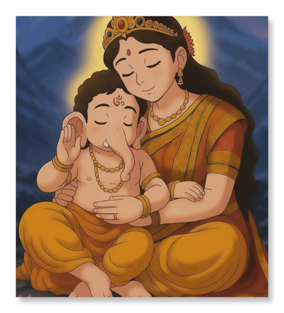 Baby Ganesha with Maa Parvati - Ghibli Edition