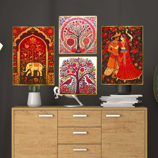 Set of Four Wall Paintings for Wall Dacoration Golden Framed Wall Paintings for Living Room & Bedroom Wall Art for Home Decoration & Office Wall Décor (13×10 inch CH-GD4-3)