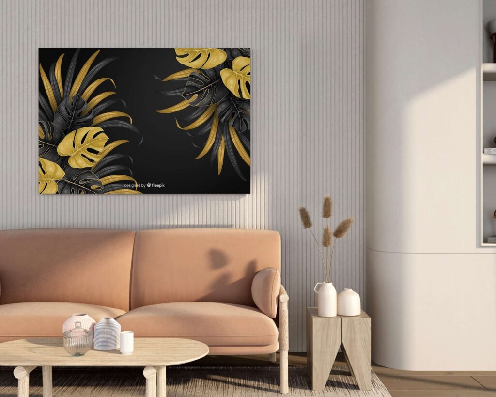 Golden Tropical Leaves Canvas Painting Decorative Wall Art on Black Background
