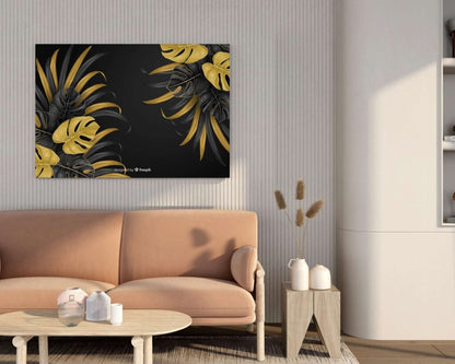 Golden Tropical Leaves Canvas Painting Decorative Wall Art on Black Background