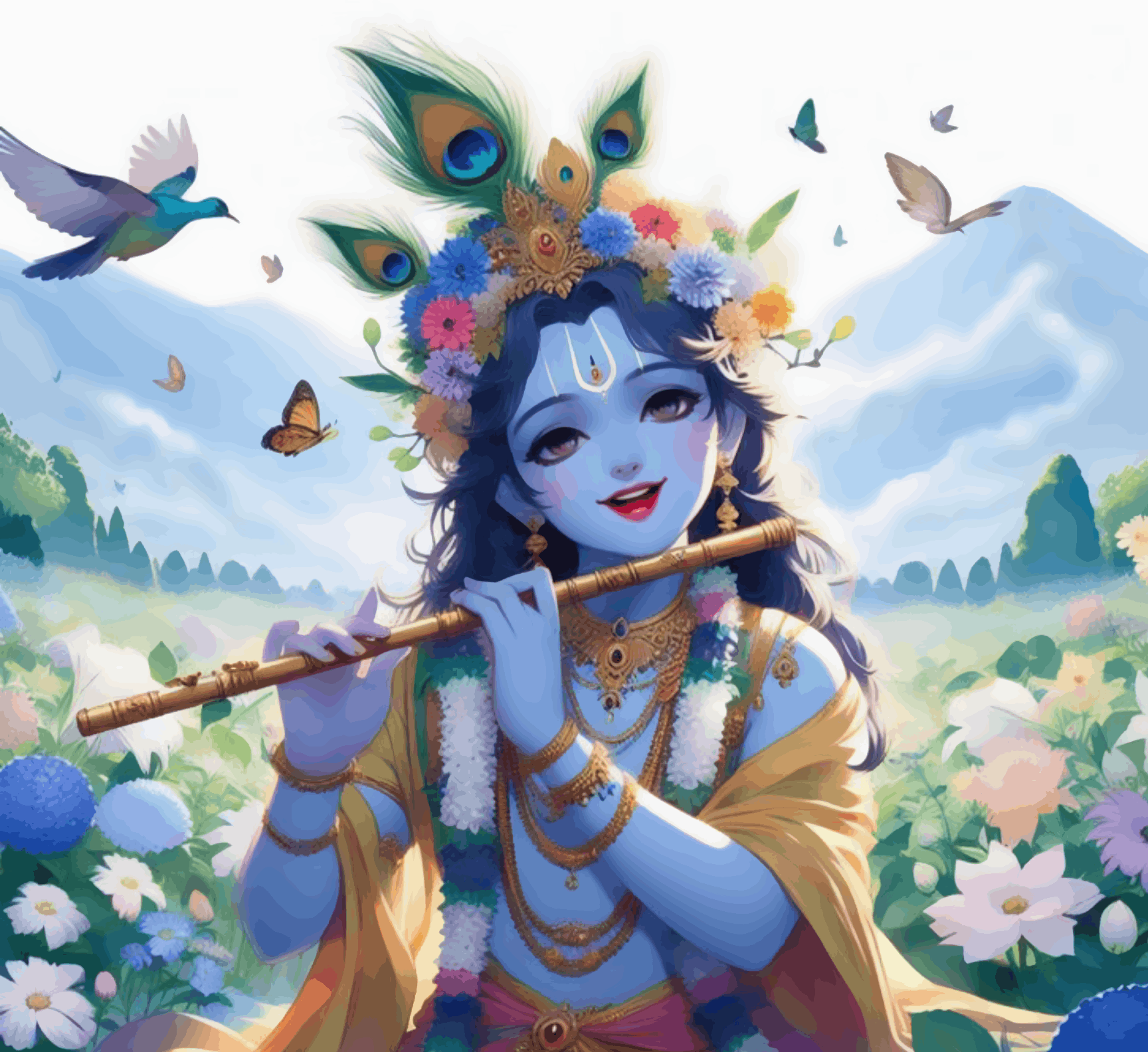 Shree Krishna playing flute surrounded by nature - Janmasthami