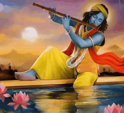 Shree Krishna playing flute during sunset - Janmasthami