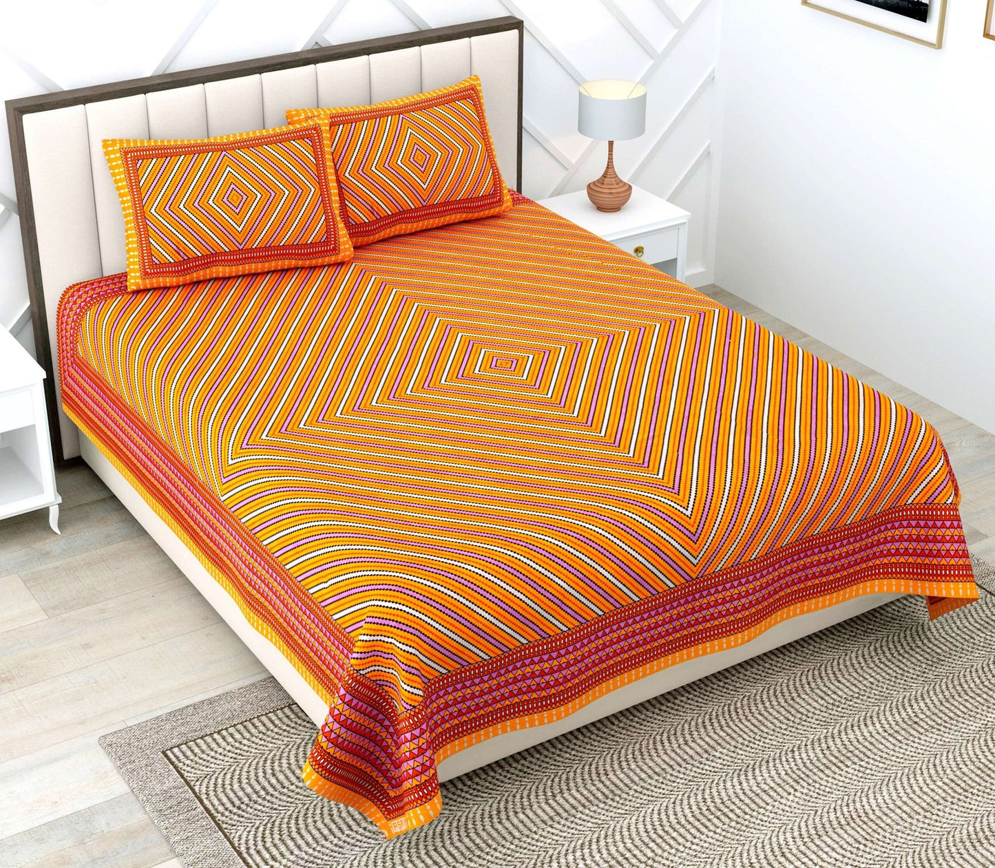 100% Pure Cotton Traditional Printed Bedsheet for Double Bed King Size Bedsheet with 2 Pillow Covers
