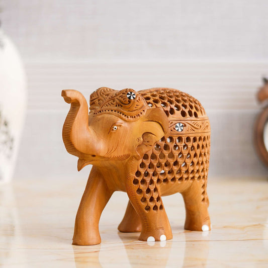 Rajasthani Tribal Handmade Brown ” Elephant ” Figured Wooden Statue Antique Design Elephant for Showpiece with Brown Colour