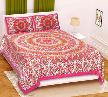 100% Pure Cotton Traditional Printed Bedsheet for Double Bed King Size Bedsheet with 2 Pillow Covers