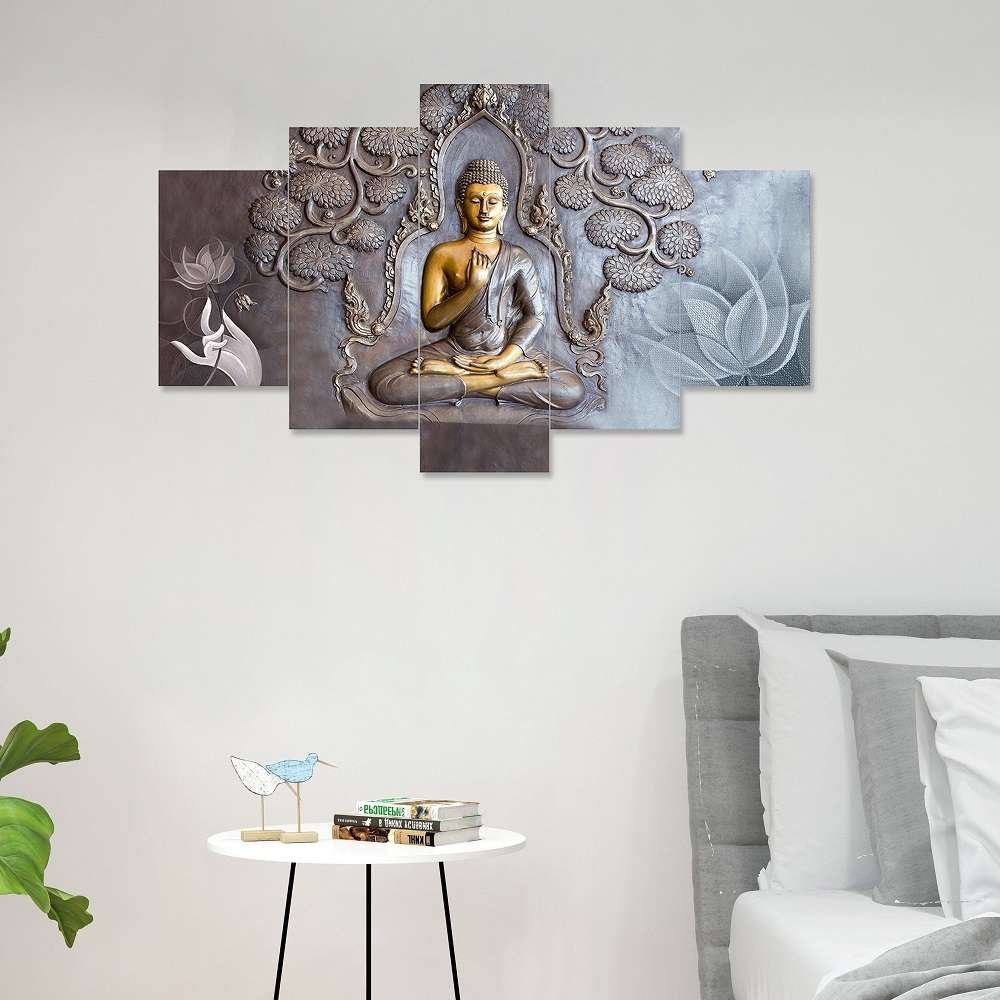 Buddha Set of Five 3D Framed Paintings for Wall Decoration – Ideal for Home, Living Room, and Bedroom (125 x 60 CM)