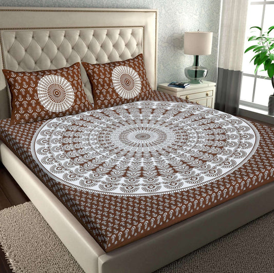 100% Pure Cotton Traditional Printed Bedsheet for Double Bed King Size Bedsheet with 2 Pillow Covers