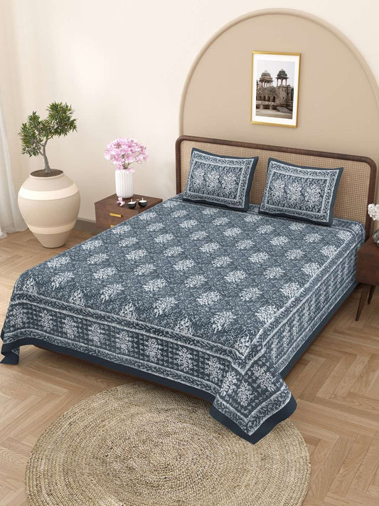 100% Pure Cotton Traditional Printed Bedsheet for Double Bed King Size Bedsheet with 2 Pillow Covers
