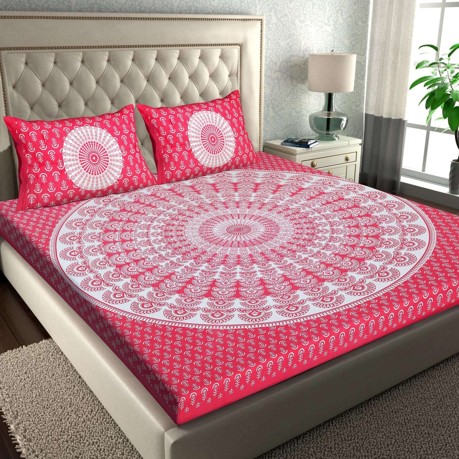 100% Pure Cotton Traditional Printed Bedsheet for Double Bed King Size Bedsheet with 2 Pillow Covers