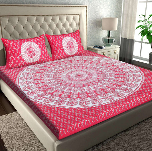 100% Pure Cotton Traditional Printed Bedsheet for Double Bed King Size Bedsheet with 2 Pillow Covers