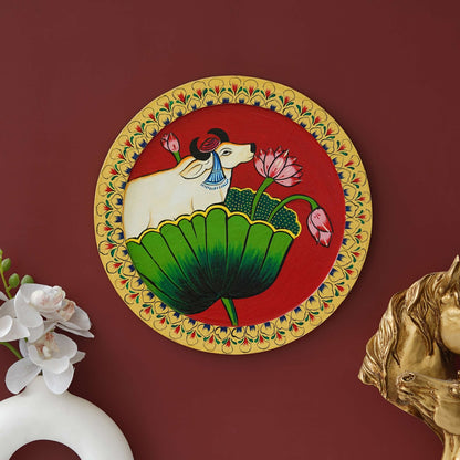 Hand-Painted Pichwai with Cow and Lotus Flower