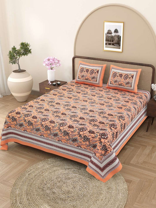 100% Pure Cotton Traditional Printed Bedsheet for Double Bed King Size Bedsheet with 2 Pillow Covers