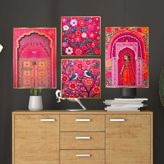 Set of Four Wall Paintings for Wall Dacoration Golden Framed Wall Paintings for Living Room & Bedroom Wall Art for Home Decoration & Office Wall Décor (13×10 inch CH-GD4-1)