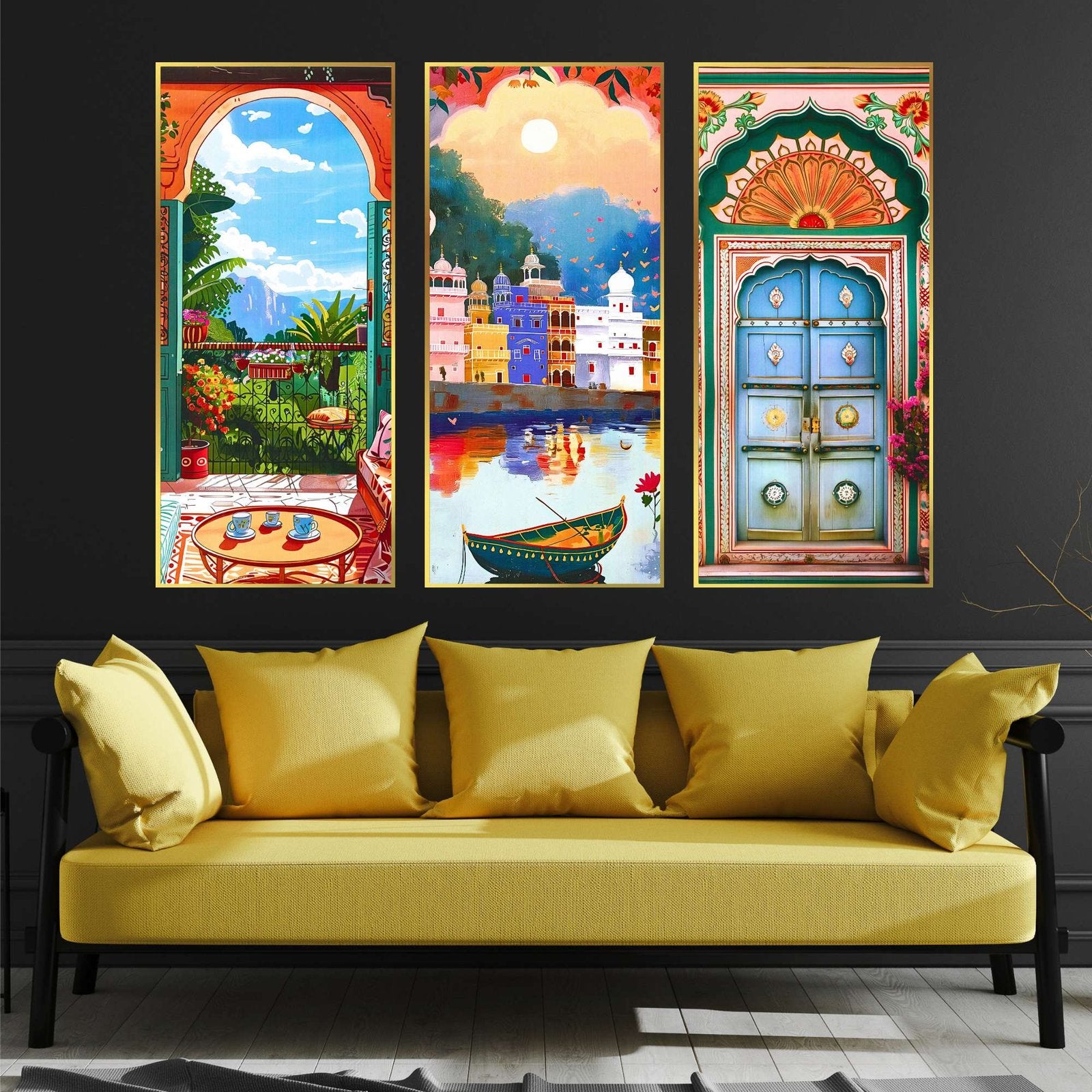 Set of Three large Wall Paintings for Wall Dacoration Golden Framed Wall Paintings for Living Room & Bedroom Wall Art for Home Decoration & Office Wall Décor (14×11 inch CH-LGD3-2)
