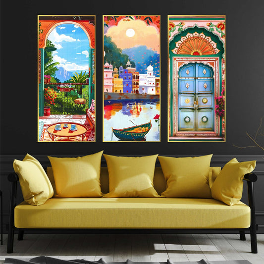 Set of Three large Wall Paintings for Wall Dacoration Golden Framed Wall Paintings for Living Room & Bedroom Wall Art for Home Decoration & Office Wall Décor (14×11 inch CH-LGD3-2)
