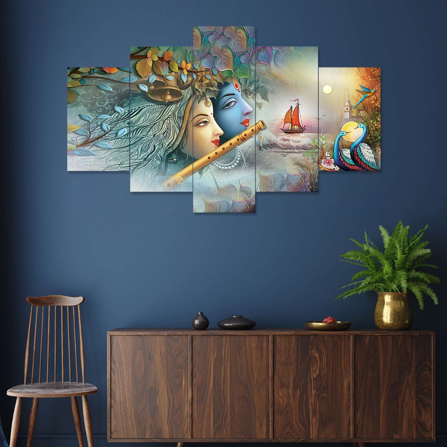 Radhe Krishna Set of Five 3D Framed Paintings for Wall Decoration – Ideal for Home, Living Room, and Bedroom (125 x 60 CM)