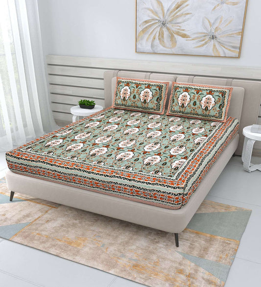 100% Pure Cotton Traditional Printed Bedsheet for Double Bed King Size Bedsheet with 2 Pillow Covers