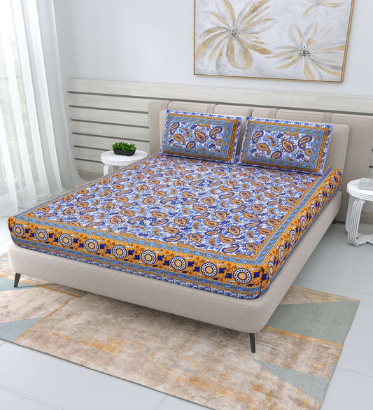 100% Pure Cotton Traditional Printed Bedsheet for Double Bed King Size Bedsheet with 2 Pillow Covers