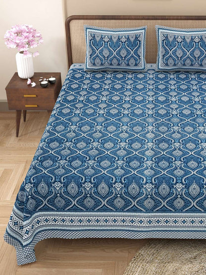 100% Pure Cotton Traditional Printed Bedsheet for Double Bed King Size Bedsheet with 2 Pillow Covers