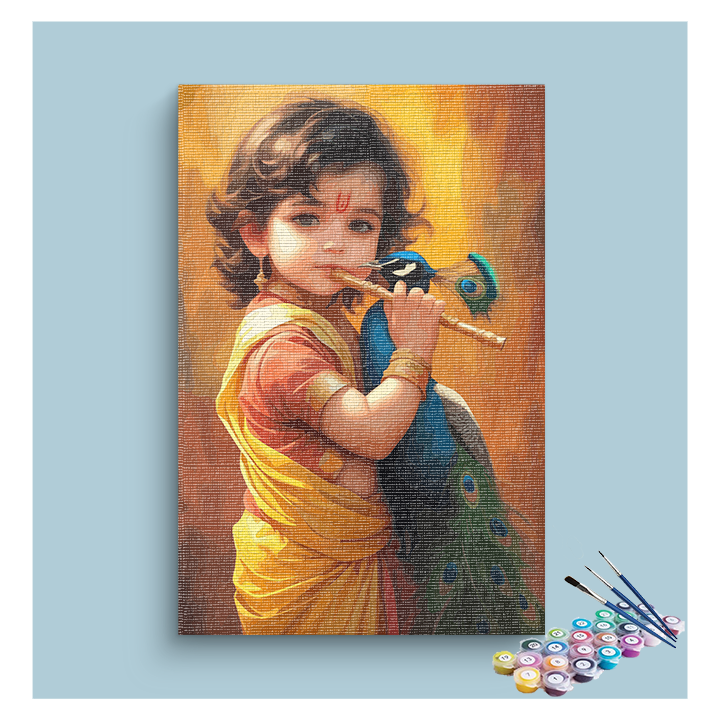 Child Krishna with Flute and Peacock Paint by Numbers Kit