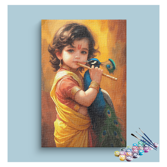 Child Krishna with Flute and Peacock Paint by Numbers Kit