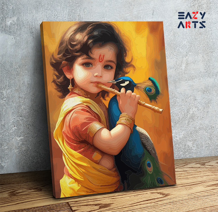 Child Krishna with Flute and Peacock Paint by Numbers Kit