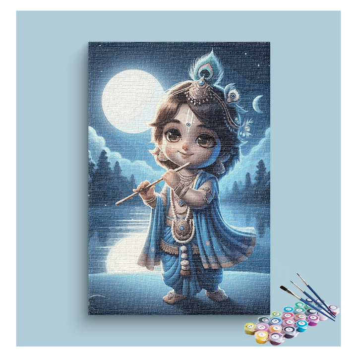 Moonlit Melody: Baby Krishna Playing Flute Paint by Numbers Kit